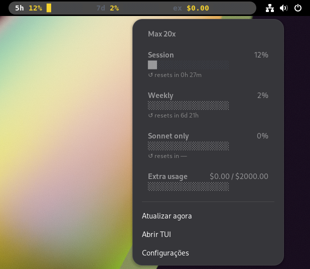 Painel do GNOME mostrando as barras de uso do Claude com o menu suspenso aberto
