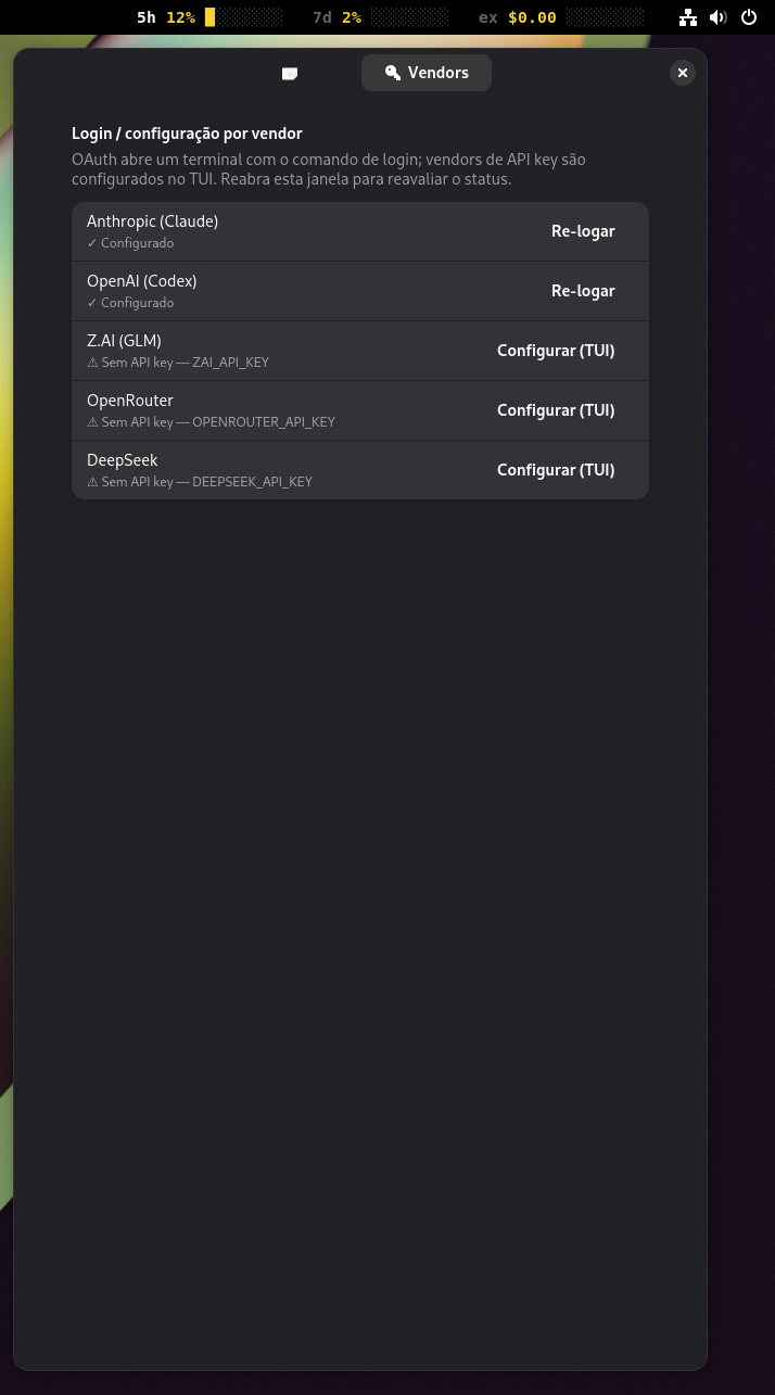 Preferências do GNOME — aba Vendors