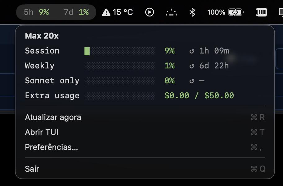 Menu suspenso do app na barra de menus do macOS