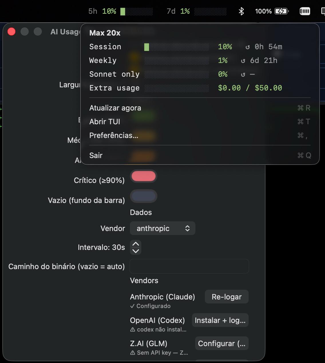 Detalhe das preferências do app no macOS
