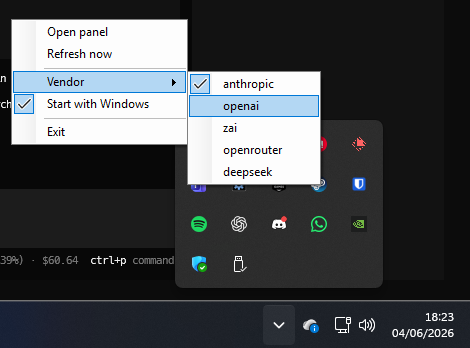 Menu de seleção de provedor do app de bandeja no Windows