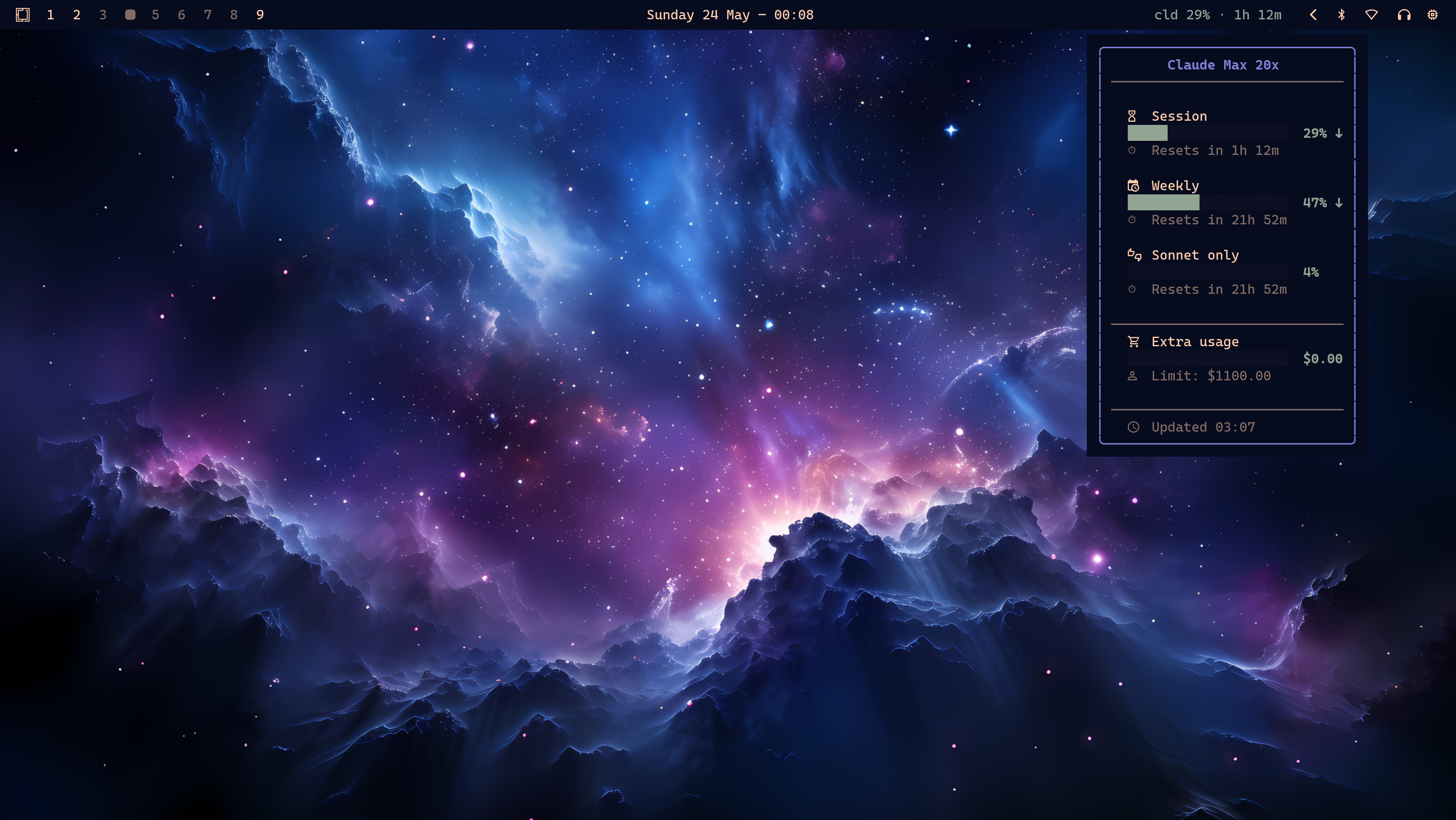Widget do Waybar mostrando o uso do Claude com o tooltip